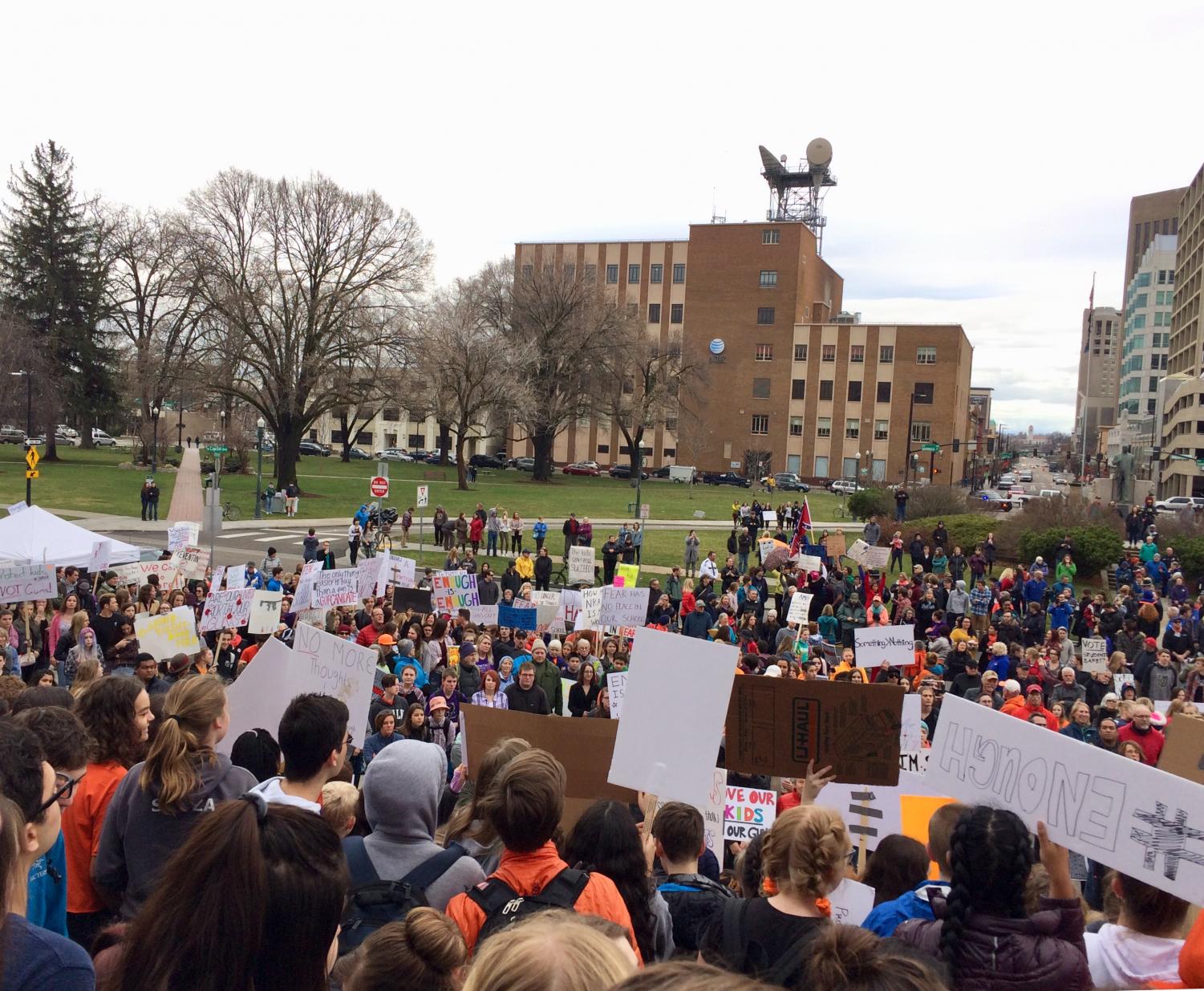 Students wave homemade signs outside the capitol building Wednesday as they protested stronger gun restrictions in Idaho and the United States.