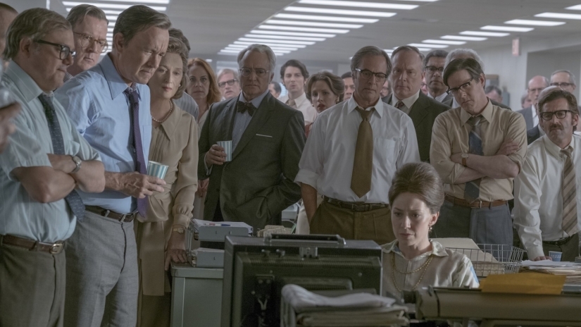The cast of The Post in a critical scene of the movie