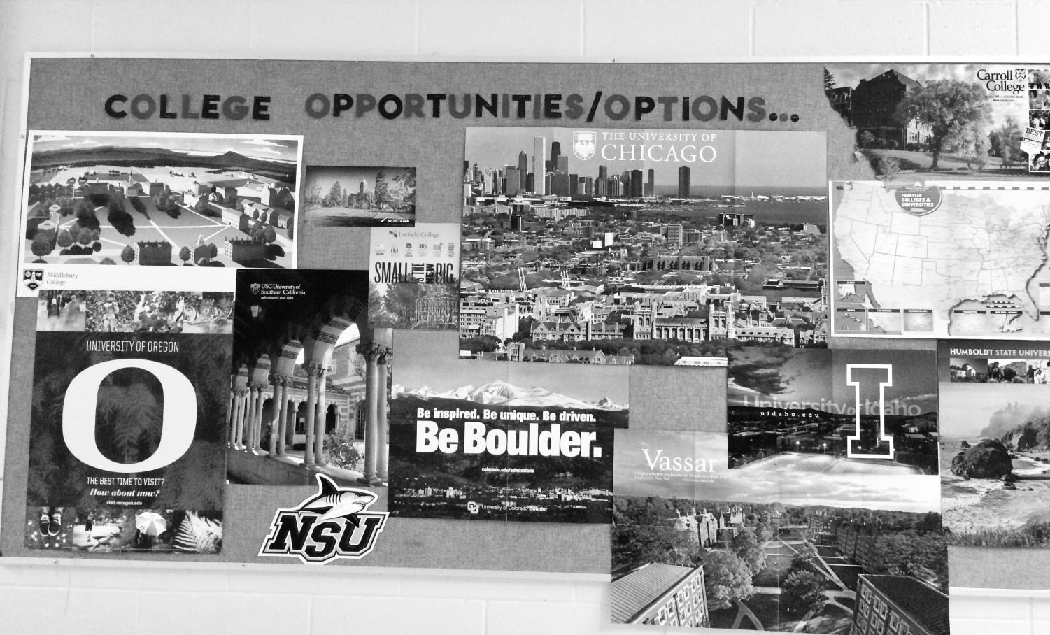 Mr. Chehey’s hallway lined with college posters gives more of a cheerful look at the college application process.