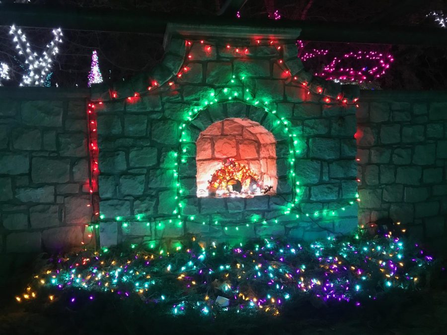One of the beautiful glowing displays at the 2018 Winter Garden aGlow depicting a fake fireplace sparkling in the moonlight.