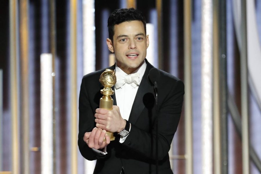 Actor Rami Malek receiving the 2019 Best Performance by an Actor in a Drama Motion Picture Golden Globe for his role in Bohemian Rhapsody.