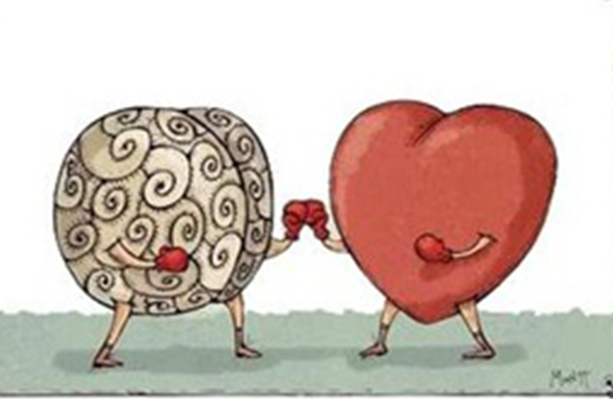 A heart and brain engaged in a cartoonish boxing match, a straightforward parallel to the data present in this article. 