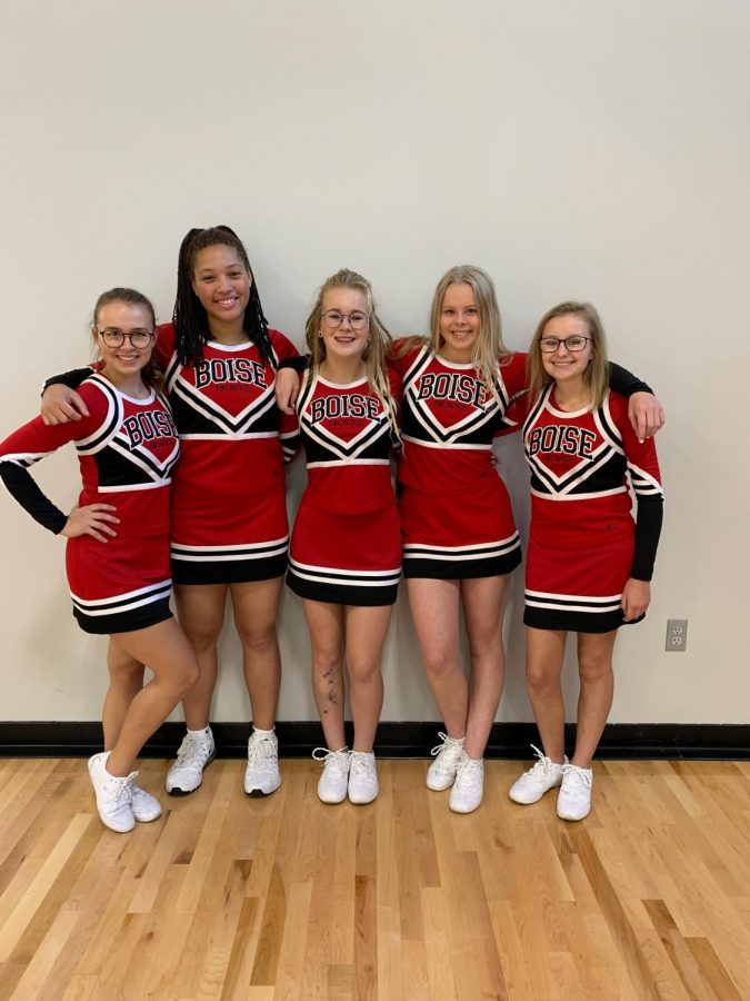 The 2019-20 cheerleading team, pictured left to right: Hailey Geib, Jada English, ChloeAnne Fox, Maddie Black, Stacia Mers. Come cheer along with them at our football games.  