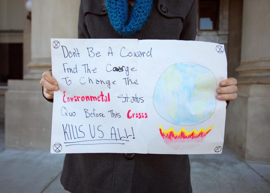 Camden Mullens, with her climate strike protesting poster. 