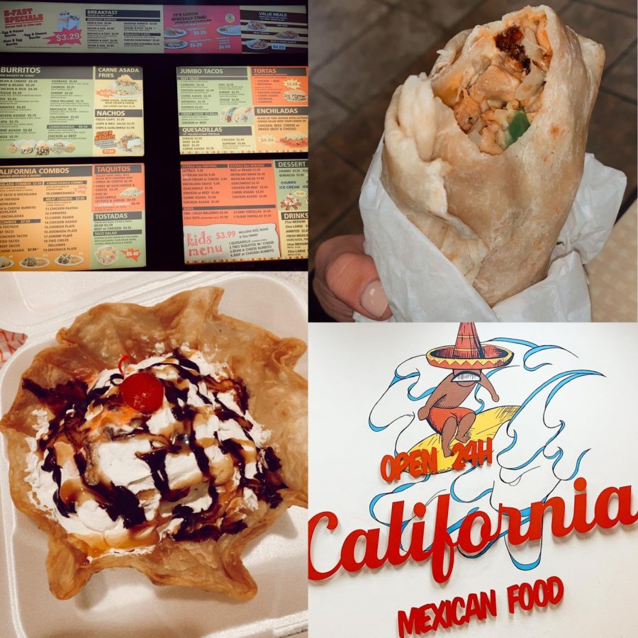 The chicken fajita burrito and the fried ice cream along with the menu and the fun logos inside the store front. 