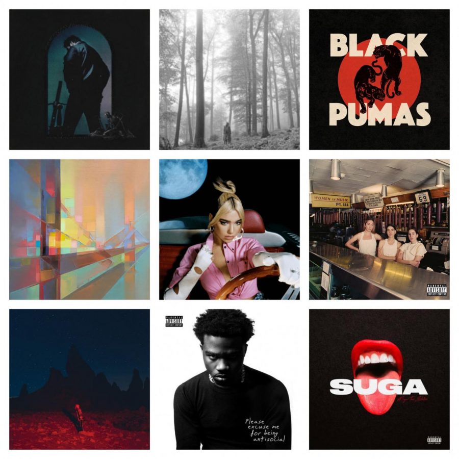 Top Row (Left to Right): Hollywoods Bleeding by Post Malone, Folklore by Taylor Swift, COLORS by Black Pumas.
Center Row (Left to Right): Everything I Wanted by Billie Eilish, Future Nostalgia by Dua Lipa, Women in Music Pt. III by Haim.
Bottom Row (Left to Right): Punisher by Phoebe Bridgers, The Box by Roddy Ricch, Suga by Megan Thee Stallion