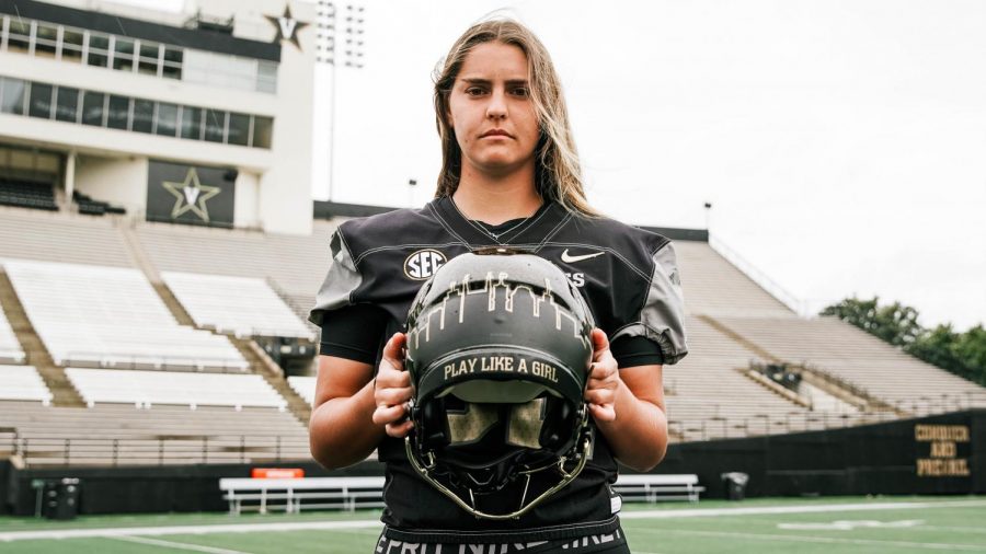 A picture of Fuller’s “Play Like a Girl” helmet that she wears to empower other female athletes. (Vanderbilt University)