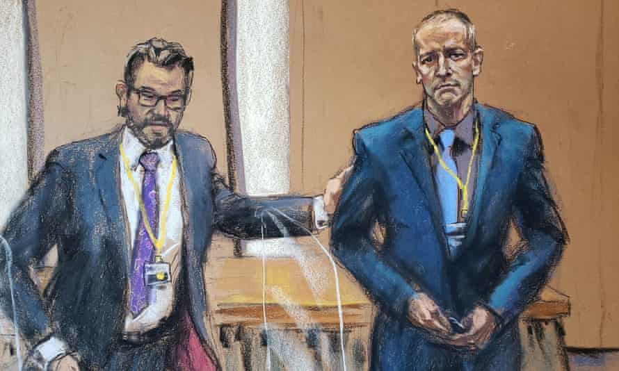 Defense attorney Eric Nelson and Derek Chauvin in a courtroom sketch from a video feed in Minneapolis, Minnesota. (Jane Rosenberg/Reuters)