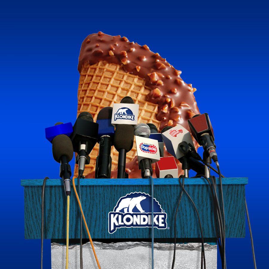 The Choco Taco at a press conference, discussing its discontinuation.
(Klondikebar Twitter Account)