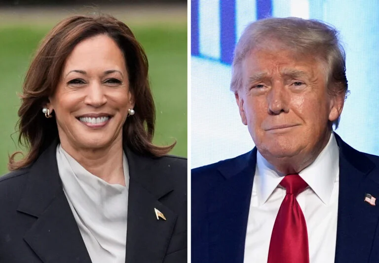 This combination photo shows Vice President Kamala Harris, left, at the White House in Washington, July 22, 2024, and Republican presidential candidate former President Donald Trump at an event July 26, 2024, in West Palm Beach, Fla. 