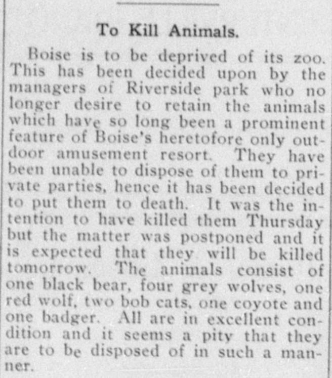 The 1908 article from The Boise Citizen discussing the fate of an assortment of zoo animals (Library of Congress).